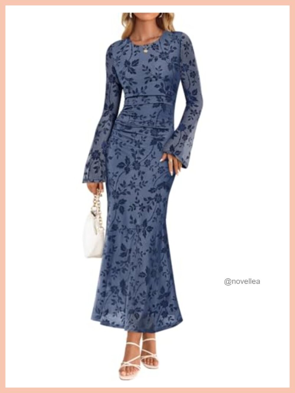 ZESICA Womens Long Sleeve Floral Fall Bodycon Ruched Mesh Maxi Formal Dress